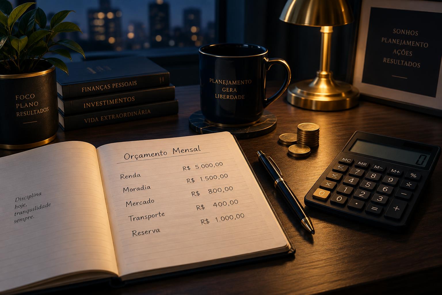 Mesa de estudo com caderno de orçamento mensal, calculadora e moedas sob luz dourada
